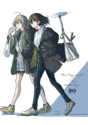  2girls absurdres ahoge alternate_costume arknights black_jacket black_shirt brown_eyes brown_hair casual character_name closed_mouth commentary_request denim drone english_text food full_body green_jacket grey_hair happy_new_year highres holding holding_food jacket jeans knm_kamakura long_sleeves looking_at_viewer magallan_(arknights) mayer_(arknights) medium_hair multicolored_hair multiple_girls new_year open_clothes open_jacket open_mouth pants rhine_lab_logo shirt shoes short_hair simple_background sneakers standing streaked_hair white_background white_shirt 