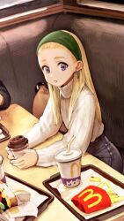  1girl arms_on_table bag black_pants blonde_hair brown_bag burger commentary couch cowboy_shot cropped cup denim disposable_cup dragon_quest dragon_quest_xi earrings eyelashes flat_chest food food_wrapper french_fries green_hairband hair_pulled_back hairband highres holding holding_cup indoors jeans jewelry jun_(navigavi) lips long_hair long_sleeves looking_at_viewer mcdonald's on_couch pants parted_lips ribbed_sweater senya_(dq11) solo sweater tray turtleneck turtleneck_sweater violet_eyes white_sweater 