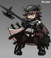  1girl arknights artist_name beret bird_wings black_background black_cloak black_gloves black_hat black_shoes black_thighhighs black_wings blush brown_hair brown_wings cloak closed_mouth commentary_request gloves gradient_background halberd hat highres holding holding_polearm holding_weapon long_sleeves looking_ahead medium_hair multicolored_hair plume_(arknights) polearm potatoyi shoes solo standing thigh-highs weapon white_background white_hair wings yellow_eyes 