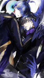  2boys absurdres black_coat black_hair black_jacket black_shirt blonde_streaks blue_eyes blue_hair blue_streaks chinese_commentary claws coat commentary_request cross ear_piercing earrings eyewear_strap feathers fishnet_gloves fishnets glasses gloves green_eyes hair_over_one_eye highres holding holding_cross jacket jewelry layered_sleeves long_sleeves looking_at_viewer losea luka_(strange_eden) luka_(strange_eden)_(echo_form) male_focus mole mole_under_eye monster monster_boy multicolored_hair multiple_boys patterned_legwear piercing priest purple_shirt shirt shuichiro_itsuki_(strange_eden) smile strange_eden streaked_hair turtleneck 