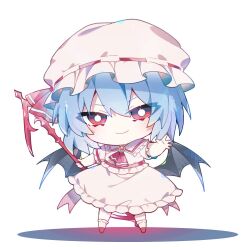  1girl ascot back_bow bat_wings blue_hair bow brooch chibi chibi_only closed_mouth collared_shirt commentary frilled_shirt_collar frilled_skirt frills hair_between_eyes hat hat_ribbon holding holding_polearm holding_weapon jewelry medium_hair mob_cap pink_hat pink_shirt pink_skirt polearm red_ascot red_eyes remilia_scarlet ribbon shirt sia_6767 skirt skirt_set smile solo spear_the_gungnir touhou weapon wings 