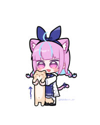  1girl animal animal_ears aqua_hair black_shoes blue_ribbon blue_sailor_collar blue_skirt blush braid cat cat_ears cat_girl cat_tail chibi chibi_only coat colored_inner_hair commentary hair_ribbon highres holding holding_animal holding_cat hololive komugi_(minato_aqua) long_hair long_sleeves longcat_(meme) meme minato_aqua minato_aqua_(sailor) multicolored_hair neck_ribbon nekotaririn open_clothes open_coat open_mouth pantyhose pink_eyes pink_hair pink_tail ribbon sailor_collar shoes simple_background skirt smile streaked_hair sweatdrop tail tail_ornament tail_ribbon twin_braids twintails twitter_username two-tone_hair virtual_youtuber white_background white_coat white_pantyhose x_navel yellow_cat 