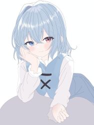  1girl absurdres b3l_rinrin blue_eyes blue_hair blue_skirt blue_vest blush closed_mouth commentary_request hand_on_own_cheek hand_on_own_face heterochromia highres long_sleeves looking_at_viewer medium_hair red_eyes shirt short_hair skirt smile solo tatara_kogasa textless_version touhou vest white_shirt 