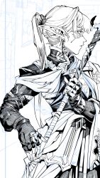  absurdres androgynous earrings greyscale highres jewelry long_hair looking_to_the_side matata1203 monochrome original pointy_ears ponytail scar scar_on_face solo unfinished weapon 