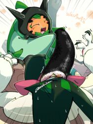  1girl 1other :d animal_hands applecandy_prpr cloak closed_eyes colored_skin commentary_request fangs feeding food force-feeding furry green_cloak green_fur green_hair looking_at_another makizushi meowscarada ogerpon orange_skin pink_eyes pokemon pokemon_(creature) short_hair simple_background smile sushi tearing_up two-tone_fur upper_body white_background 