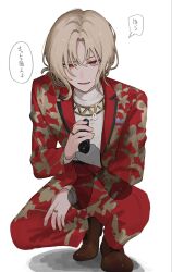  1boy arm_on_thigh black_trim blonde_hair breast_pocket brown_shoes commentary floral_print ganbaruinochi guiding_hand gun highres jacket jewelry jin_feiran_(strange_eden) lapels long_sleeves looking_at_viewer pants pocket pocket_square pov pov_hands red_eyes red_jacket red_pants ring shirt shoes short_side_ponytail side_ponytail smile speech_bubble squatting strange_eden sweat translation_request transparent_hand untranslatable_commentary watch watch weapon white_shirt 