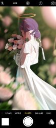  1girl ahoge alternate_costume alternate_hairstyle blunt_bangs blurry blurry_background bouquet bridal_veil commentary dress english_commentary fake_phone_screenshot fake_screenshot flower gradient_hair hair_bun halo holding holding_bouquet hololive hololive_english long_dress long_sleeves multicolored_hair ninomae_ina'nis orange_hair pink_flower pink_rose pointy_ears purple_hair rose see-through_clothes see-through_veil short_hair sidelocks single_hair_bun solo sweetwhite tentacle_hair veil virtual_youtuber wedding_dress white_flower white_rose white_wings wings 