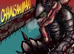  armor blood blood_on_face blood_on_mouth chainsaw chainsaw_devil chainsaw_man demon demon_horns english_text extra_arms fwup highres horns intestine_clothing multiple_weapons no_eyes sharp_teeth spiked_armor spikes teeth weapon 