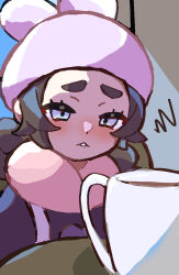  1girl ansha_(pokemon) black_coat blue_eyes brown_hair coat coffee commentary_request cup eyelashes hat hiyakonko_(wkju5433) medium_hair pink_scarf pokemon pokemon_legends:_z-a raised_inner_eyebrows scarf solo table upper_body 