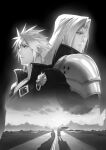  2boys armor back-to-back bangs black_background black_jacket black_shirt cloud_strife earrings eilinna facing_away final_fantasy final_fantasy_vii final_fantasy_vii_advent_children greyscale ground_vehicle hair_between_eyes high_collar highway jacket jewelry landscape long_hair male_focus monochrome motor_vehicle motorcycle mountain multiple_boys multiple_views open_collar outdoors parted_bangs sephiroth shirt short_hair shoulder_armor shoulder_strap single_earring single_wing spiky_hair standing upper_body wide_shot wings wolf 