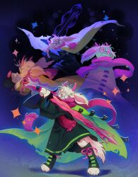  1boy absurdres animal_ears brown_cloak cape cloak commentary deltarune devogamer2 english_commentary furry furry_male glasses goat_boy goat_ears green-framed_eyewear green_robe highres holding holding_sword holding_weapon horns multiple_views pink_eyes pink_horns pink_scarf ralsei robe round_eyewear scarf sword tail utdr_(toby_fox) weapon white_cape white_fur 