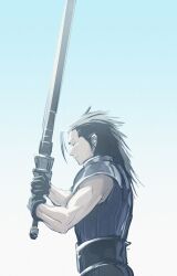  1boy absurdres armor black_gloves black_hair blue_sky buster_sword chankirankachan closed_eyes closed_mouth commentary_request crisis_core:_final_fantasy_vii cross_scar final_fantasy final_fantasy_vii from_side gloves gradient_background highres holding holding_sword holding_weapon male_focus medium_hair outdoors profile ribbed_sweater scar scar_on_cheek scar_on_face shoulder_armor sky sleeveless sleeveless_sweater sleeveless_turtleneck solo spiky_hair suspenders sweater sword turtleneck turtleneck_sweater weapon zack_fair 