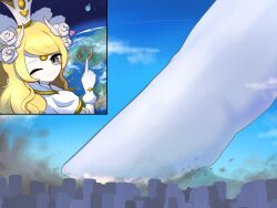  1girl aphrodite_(nyanko_daisensou) blonde_hair blue_sky building city clouds commentary_request crown destruction earth_(planet) flower giant giantess gloves grey_eyes hair_flower hair_ornament heart highres long_hair looking_at_viewer nyanko_daisensou one_eye_closed outdoors planet ryus66380790 sky smile solo space white_gloves 
