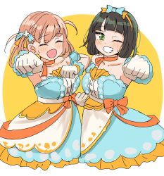  2girls :d ;d ^_^ absurdres bare_shoulders black_hair blue_bow blue_dress blunt_bangs bob_cut border bow bow_hairband breasts celebration!_(love_live!) cerise_bouquet clenched_hands closed_eyes collarbone commentary detached_sleeves dress ereka gloves green_eyes grin hair_bow hairband highres hinoshita_kaho looking_at_viewer love_live! love_live!_hasu_no_sora_jogakuin_school_idol_club medium_breasts medium_hair momose_ginko multiple_girls one_eye_closed open_mouth orange_hair orange_hairband outside_border outstretched_arm round_border short_hair short_sleeves simple_background smile strapless strapless_dress two_side_up virtual_youtuber white_border white_gloves yellow_background 