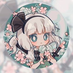  1girl black_hairband cherry_blossoms chinese_commentary commentary_request commission flower green_eyes green_vest grey_hair hairband holding holding_flower konpaku_youmu konpaku_youmu_(ghost) looking_at_viewer petals pink_flower puffy_short_sleeves puffy_sleeves sheath sheathed shirt short_hair short_sleeves solo suelement sword touhou vest watermark watermark_grid weapon weapon_on_back white_flower white_shirt 