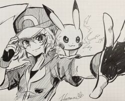  1girl :3 ash_ketchum ash_ketchum_(cosplay) baseball_cap closed_mouth commentary_request cosplay dot_nose electricity eyelashes fingerless_gloves gloves graph_paper greyscale grid_background hair_between_eyes hand_on_headwear hat hatsuru_826 jacket monochrome on_shoulder outstretched_arm pikachu pokemon pokemon_(anime) pokemon_(creature) pokemon_on_shoulder pokemon_the_series:_xy serena_(pokemon) short_hair short_sleeves signature smile traditional_media 
