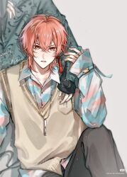  2boys 6753642594 bad_source black_pants breast_pocket collared_shirt green_jacket hand_on_another's_shoulder highres jacket jewelry layered_sleeves male_focus multiple_boys necklace out_of_frame pants pink_hair pocket shirt sitting sleeve_belt sleeve_zipper sleeves_past_wrists strange_eden sweater_vest tachibana_kosei_(strange_eden) yellow_eyes yurano_senri_(strange_eden) zipper 