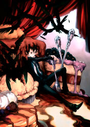  1boy bird black_bird black_jacket black_pants blueberry closed_mouth commentary english_commentary food fork fruit jacket knee_up looking_ahead male_focus monkey_d._luffy one_piece oversized_food oversized_object pancake pants pie rem_(tsulala) scar scar_on_face short_hair sitting solo 