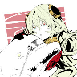  1girl black_gloves blonde_hair chain closed_mouth commentary_request expressionless gloves hair_between_eyes long_hair looking_at_viewer miruti_mu monster petting rance_(series) rance_x red_eyes red_shirt sharp_teeth shirt smile teeth tongue tongue_out upper_body warg_(rance) yellow_eyes 