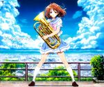  1girl album_cover bangs blue_sailor_collar blue_skirt blue_sky blurry blurry_background blush brown_eyes brown_footwear brown_hair city cityscape closed_mouth clouds cover determined euphonium hibike!_euphonium highres holding holding_instrument instrument kitauji_high_school_uniform kneehighs loafers looking_at_viewer myouken_yuuko neckerchief official_art oumae_kumiko outdoors pink_neckerchief plant pleated_skirt railing sailor_collar school_uniform serafuku shirt shoes short_hair short_sleeves skirt sky smile socks solo spread_legs standing tree white_shirt white_socks 