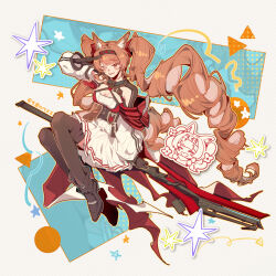  1girl angelina_(arknights) angelina_the_mellow_wish_(arknights) animal_ear_fluff animal_ears arknights black_boots black_collar black_gloves black_hairband black_thighhighs boots brown_hair chibi chinese_commentary collar commentary_request commission detached_sleeves dress fox_ears fox_girl full_body gloves hair_between_eyes hairband hand_up highres infection_monitor_(arknights) long_hair long_sleeves looking_at_viewer multicolored_hairband one_eye_closed pleated_dress salute sitting smile solo staff_riding star_(symbol) thigh-highs triangle twintails two-tone_hairband very_long_hair wan_ling white_background white_dress 