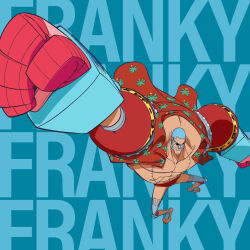  1boy arm_up artist_collaboration blue_background blue_hair buzz_cut character_name clenched_hand clenched_teeth commentary franky_(one_piece) hayashi_yuuki ishitani_megumi male_focus one_piece panties red_panties second-party_source short_hair sideburns smile solo stitched_torso stitches sunglasses teeth underwear very_short_hair 