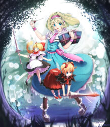  3girls alice_margatroid apron black_dress blonde_hair bloomers blue_boots blue_dress blue_eyes book boots breasts brown_pantyhose capelet commentary_request dated dress frilled_hairband frills full_body furim grimoire grimoire_of_alice hairband highres holding holding_book holding_polearm holding_weapon lance looking_at_viewer multiple_girls open_mouth pantyhose pink_hairband pink_sash pink_wrist_cuffs polearm red_dress sash shanghai_doll signature small_breasts touhou waist_sash weapon white_apron white_bloomers white_capelet wrist_cuffs 