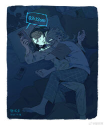  2girls ahoge arm_around_another's_back arm_up barefoot bed_sheet black_hair blonde_hair blue_pants blue_theme blush border buttons cellphone chair chinese_commentary chinese_text closed_eyes closed_mouth commentary_request controller couple curled_fingers dark_background dated dot_nose fang floral_print floral_print_pants floral_print_shirt from_above from_side full_body furrowed_brow grey_shirt grin hair_between_eyes highres holding holding_phone hug indoors iphone jellyfish_cut leg_between_thighs light_frown long_hair long_sleeves looking_at_phone looking_up loose_hair_strand lying minamip multiple_girls night on_bed on_bench on_chair on_ground on_side on_stomach one_eye_closed one_eye_covered open_clothes open_mouth open_shirt orange_trim original outdoors pajamas pants parted_bangs phone phone_light pillow plaid_clothes plaid_pants print_shirt profile red_eyes remote_control shirt short_hair short_sleeves sleeping smartphone smile speech_bubble struggling stuck stuffed_animal stuffed_panda stuffed_pig stuffed_toy sweatdrop turning_head two-tone_shirt watermark weibo_watermark white_border white_pants white_shirt yuri 