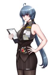  1girl black_necktie black_pantyhose black_skirt breasts clipboard grey_hair grey_shirt highres holding holding_clipboard honkai_(series) honkai_impact_3rd large_breasts lion_space long_hair looking_at_viewer necktie official_alternate_costume pantyhose pencil_skirt raven_(honkai_impact) raven_(tipsy_hour)_(honkai_impact) red_nails shirt simple_background skirt sleeveless sleeveless_shirt solo very_long_hair violet_eyes white_background 
