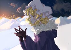  1girl absurdres black_gloves blonde_hair blush clouds coat commentary_request dawn earrings from_side fur-trimmed_coat fur_trim gloves hat highres jewelry long_sleeves maribel_hearn medium_hair mob_cap mountain parted_lips purple_coat snow solo space sparkle touhou upper_body uzumibi white_hat yellow_eyes 
