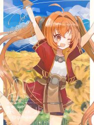  1girl bike_shorts brown_hair commentary_request cropped_jacket double-parted_bangs eiyuu_densetsu estelle_bright fingerless_gloves flower gloves han_(hn-khk) highres one_eye_closed open_mouth red_eyes shorts shorts_under_skirt simple_background solo sora_no_kiseki sunflower twintails 
