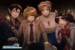  2boys 2girls ahoge astarion astarion_(cosplay) baldur's_gate baldur's_gate_3 black_hair blonde_hair collared_shirt cosplay covering_own_mouth damon_maitsu danganronpa_(series) death_note dungeons_&amp;_dragons encanto green_eyes halloween halloween_costume highres holding holding_letter holding_scissors ingrid_grimwall jacket letter long_hair luisa_madrigal luisa_madrigal_(cosplay) monokuma multiple_boys multiple_girls nansozu necktie pink_eyes pink_hair project:_eden's_garden red_necktie sailor_collar sailor_moon sailor_moon_(cosplay) school_uniform scissors seraph_(sera_phiel) shirt short_hair side_part twintails very_long_hair white_shirt wolfgang_akire yagami_light yagami_light_(cosplay) yellow_eyes 