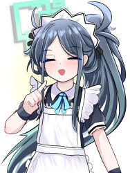  1girl :d absurdres apron aris_(blue_archive) aris_(maid)_(blue_archive) black_dress black_hair blue_archive blue_halo blue_ribbon blush closed_eyes commentary contrast_collar dress english_commentary facing_viewer flat_chest frilled_apron frills gradient_background halo high_ponytail highres long_hair long_sidelocks maid_apron maid_headdress neck_ribbon official_alternate_costume open_mouth parted_bangs pointing pointing_at_self ponytail rectangular_halo ribbon sari_(zakura27502762) short_sleeves sidelocks simple_background smile solo upper_body very_long_hair white_apron white_background wrist_cuffs yellow_background 