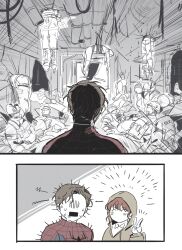  1boy 1girl chim_bab commentary_request highres hood hoodie jacket jean_grey korean_commentary marvel peter_parker red_hair short_hair spider-man spider-man:_brand_new_day spider-man_(series) 