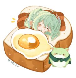  1girl ahoge ameameame_(pororo12khb) bacon bread bread_slice chibi chibi_only chico_(yuzuha_riko) closed_eyes commentary double-parted_bangs food fried_egg fried_egg_on_toast green_hair hair_intakes highres medium_hair mini_person multicolored_hair simple_background sleeping solo stellive streaked_hair stuffed_toy toast twintails twitter_username virtual_youtuber white_background white_streaks yuzuha_riko 