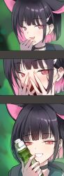 1girl absurdres animal_ears black_choker black_hair blue_archive cat_ears cat_girl choker collage colored_inner_hair commentary_request drink febaj2 hair_ornament hairclip hands_on_own_face highres holding holding_drink kazusa_(blue_archive) looking_at_viewer multicolored_hair open_mouth pink_hair red_eyes short_hair 