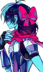 0916psy 1other androgynous armor black_bodysuit blue_hair blue_skin bodysuit breastplate cape colored_skin delta_rune_(symbol) deltarune fingerless_gloves gloves hair_between_eyes kris_(dark_world)_(deltarune) kris_(deltarune) looking_at_viewer other_focus red_cape red_eyes red_ribbon ribbon short_hair simple_background utdr_(toby_fox) 