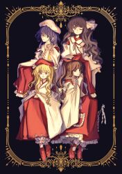  4girls absurdres ankle_socks beret black_background black_hair blonde_hair blonde_shrine_maiden_from_a_future_era_(touhou) bloomers bow brown_eyes brown_hair commentary_request detached_sleeves earrings frilled_skirt frills full_body girl_who_trained_on_mt._haku_(touhou) gohei hair_bow hair_ribbon hakama hakama_skirt hat hat_ribbon highres holding holding_gohei hourai_girl_(touhou) japanese_clothes jewelry kariginu kimono loafers long_hair long_skirt long_sleeves loose_socks mary_janes medium_hair miko moonlight's_anti-soul_(touhou) multiple_girls neck_ribbon one_eye_closed one_side_up open_mouth orange_eyes orange_hair own_hands_clasped own_hands_together pocket ponytail portrait_of_exotic_girls purple_hair red_bow red_eyes red_hakama red_hat red_ribbon red_shoes red_skirt ribbon ribbon-trimmed_shirt ribbon_trim sash shirt shoes side_ponytail sidelocks skirt smile socks touhou trigram uzumibi very_long_hair violet_eyes wavy_hair white_bloomers white_bow white_hat white_kimono white_ribbon white_sash white_socks wide_sleeves yin_yang yin_yang_earrings 