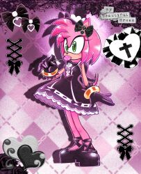 1girl absurdres amy_rose animal_ears black_bow black_dress black_gloves black_shoes bow candy commentary cross dress english_commentary english_text food food_in_mouth full_body furry furry_female gloves gothic_lolita green_eyes heart hedgehog_girl highres holding holding_candy holding_food holding_lollipop lem_tako lolita_fashion lollipop lollipop_in_mouth pink_background shoes solo sonic_(series)