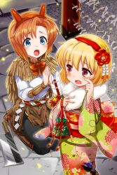  2girls alternate_costume apologizing blonde_hair blue_eyes capelet commentary_request fake_horns fang hairband highres higurashi_no_naku_koro_ni horn_hairband horns houjou_satoko japanese_clothes kamaboko_red kimono long_sleeves multiple_girls nata_(tool) obi obidome obijime open_mouth orange_hair parted_bangs red_sash ryuuguu_rena sash scared seiza shirt sitting teardrop tears violet_eyes white_shirt wide_sleeves wiping_tears 