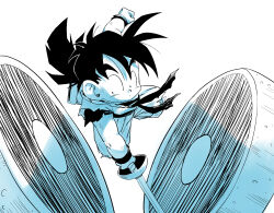  amayuki318 belt clenched_hand commentary_request cutting dirty dougi dragon_ball dragon_ball_z fighting_stance food hair_between_eyes highres holding holding_sword holding_weapon jumping long_hair meat parted_bangs partially_colored ponytail raised_eyebrows scabbard sheath simple_background son_gohan sword thick_eyebrows torn_clothes undershirt weapon white_background wristband 