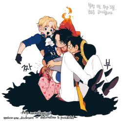  4boys ascot black_cape black_gloves cape commentary_request deogbab donquixote_rocinante feather_cape fire gloves hat heart heart_print hood korean_commentary lying male_focus monkey_d._luffy multiple_boys on_back one_piece pants portgas_d._ace sabo_(one_piece) simple_background straw_hat white_ascot white_background white_pants 