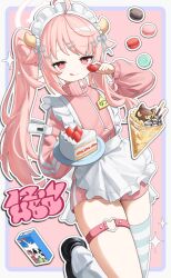  1girl absurdres ahoge alternate_costume apron asymmetrical_legwear blue_archive blush bow cake cake_slice candy clippers closed_mouth commentary dessert eyebrows_hidden_by_hair food frilled_apron frills fruit full_body hair_bow hair_ornament hair_ribbon hairclip halo highres holding holding_food holding_plate jacket jersey_maid licking_lips long_hair long_sleeves looking_at_viewer macaron maid maid_apron maid_headdress name_tag natsu_(blue_archive) pink_hair pink_jacket plate puffy_sleeves red_eyes ribbon shoes sidelocks single_thighhigh skirt sleeves_past_wrists smile solo standing standing_on_one_leg star_(symbol) strawberry striped_clothes striped_thighhighs sztxra thigh-highs thigh_strap tongue tongue_out unconventional_maid untranslatable_commentary white_apron 