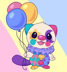  animal_ears balloon clown collar colorful crescent crescent_facial_mark facial_mark freckles frilled_shirt_collar frills holding holding_balloon no_humans oshawott otter otter_ears otter_tail pink_nose pokemon pokemon_(creature) purple_collar seashell shell solo star_(symbol) star_facial_mark tail woodelands 