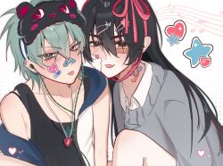  2girls absurdres alien_stage bandaid bandaid_on_face bandaid_on_nose black_eyes black_hair black_tank_top character_signature collared_shirt commentary crossed_bangs english_commentary genderswap genderswap_(mtf) green_eyes grey_hair grey_sweater hair_between_eyes hair_ornament hair_ribbon hairclip heart highres hood hoodie ivan_(alien_stage) long_hair mask mask_on_head multiple_girls official_alternate_costume pink_ribbon plectrum_necklace ribbon shirt short_hair sleep_mask sleeveless sleeveless_hoodie star_(symbol) sticker sticker_on_face sweater tank_top till_(alien_stage) tongue tongue_out white_shirt zlepyun 