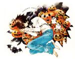  1boy bags_under_eyes barefoot bat_(animal) black_cape black_eyes black_hair blue_pants cape curled_up death_note denim full_body hair_between_eyes halloween happy_halloween jack-o&#039;-lantern jeans l_(death_note) long_sleeves looking_at_viewer male_focus nanami_(fuku) own_hands_together pants shirt short_hair smile solo spiky_hair white_shirt 