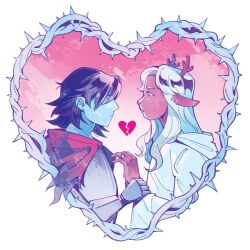  1girl 1other absurdres animal_ears antlers armor black_eyes black_hair blonde_hair blue_skin broken_heart cape colored_skin commentary crown_prinxe deer_antlers deer_ears deer_girl deltarune english_commentary furry furry_female gauntlets heart highres holding_another's_wrist horns jewelry kris_(dark_world)_(deltarune) kris_(deltarune) long_hair noelle_holiday noelle_holiday_(dark_world) red_cape red_eyes ring short_hair thorns utdr_(toby_fox) weird_route_(deltarune) 