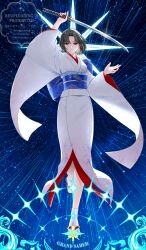  1girl arm_up black_hair brown_eyes brown_hair closed_mouth fate/grand_order fate_(series) full_body grand_servant_(fate/grand_order) highres holding holding_sword holding_weapon japanese_clothes katana kimono looking_at_viewer obi obijime parted_bangs ryougi_shiki sakuraike sandals sash short_hair socks solo sword tabi void_shiki watermark weapon white_kimono white_socks wide_sleeves 