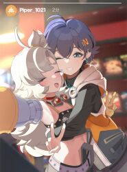  2girls ahoge arm_up armpits bare_shoulders belle_(zenless_zone_zero) black_shorts black_sweater black_tube_top blonde_hair blue_hair blush closed_eyes commentary_request detached_sleeves doguma_illust earrings gloves goggles goggles_around_neck green_eyes hair_bun highres hug jewelry long_hair midriff multiple_girls navel one_eye_closed piper_wheel selfie short_hair shorts sleeveless sleeveless_jacket smile strapless sweater tube_top v yellow_gloves zenless_zone_zero 