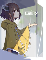 1girl blunt_bangs blush bright_pupils brown_eyes brown_hair closed_mouth commentary_request hand_up headgear highres hood hood_down long_sleeves rain raincoat short_hair solo tetenka touhoku_kiritan upper_body voiceroid white_pupils wide_sleeves yellow_raincoat 